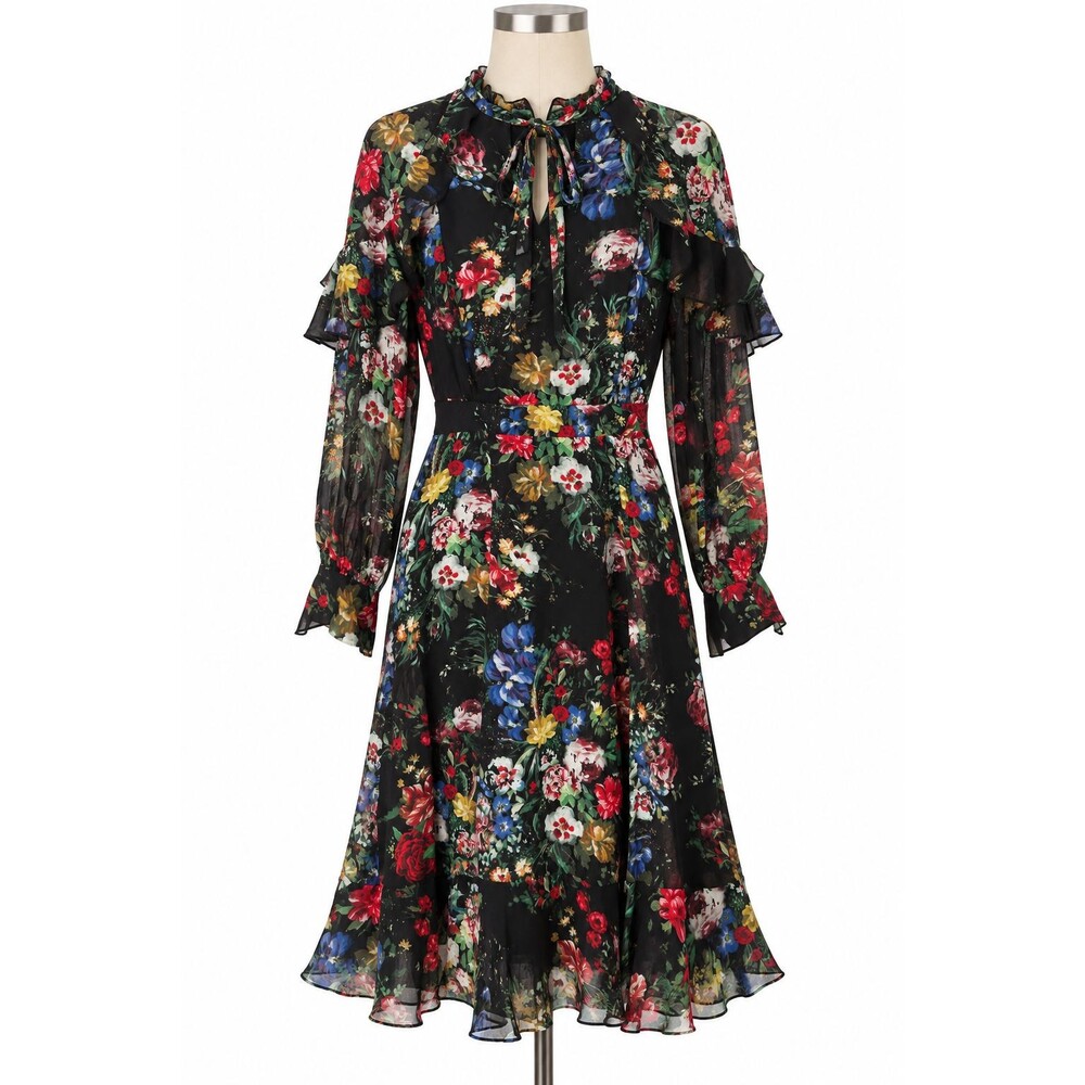 Terri Jon Rickie Freeman 100% Silk Dress Size 4 Floral Ruffle Tie Neck Midi